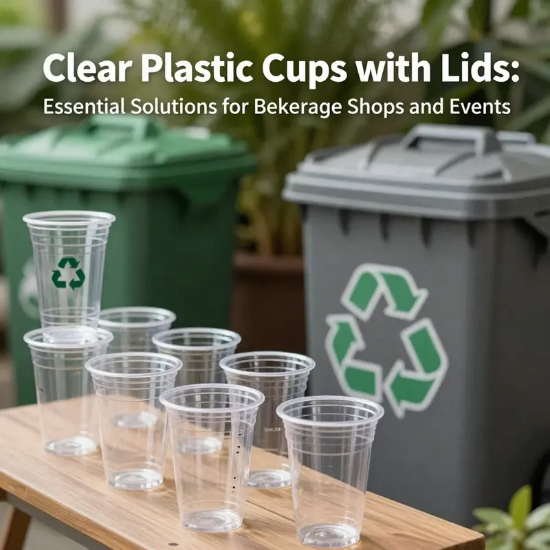 Variety of clear plastic cups demonstrating different sizes and their material composition.
