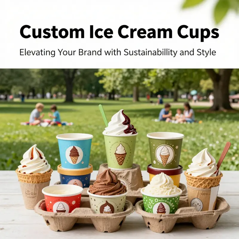 A diverse collection of eco-friendly ice cream cups highlighting sustainable practices in the food industry.