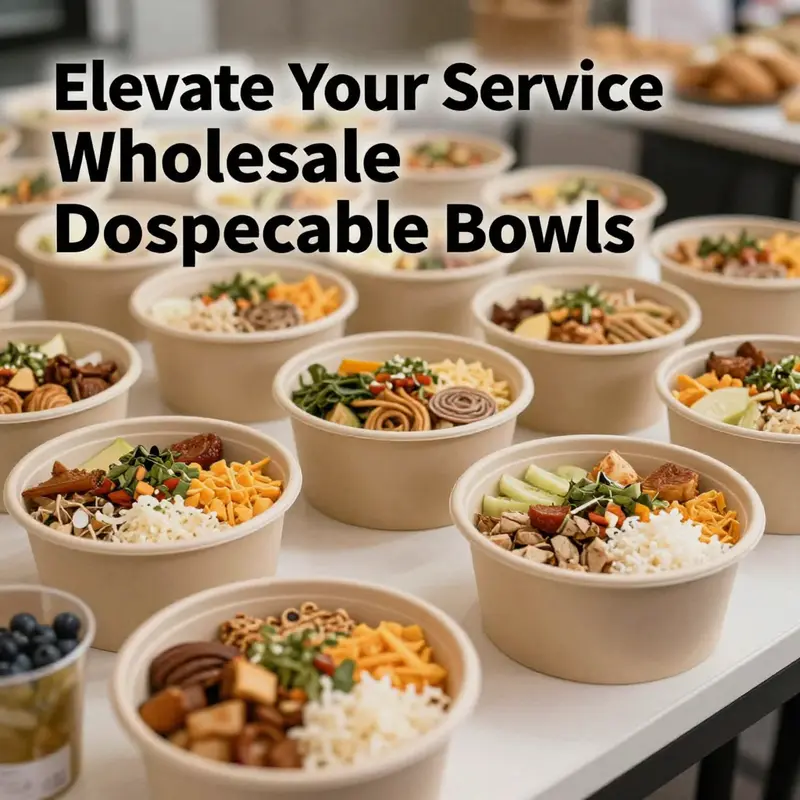 A beautifully arranged table displaying colorful disposable bowls filled with food, set for an event or catering service, evoking a welcoming ambiance.