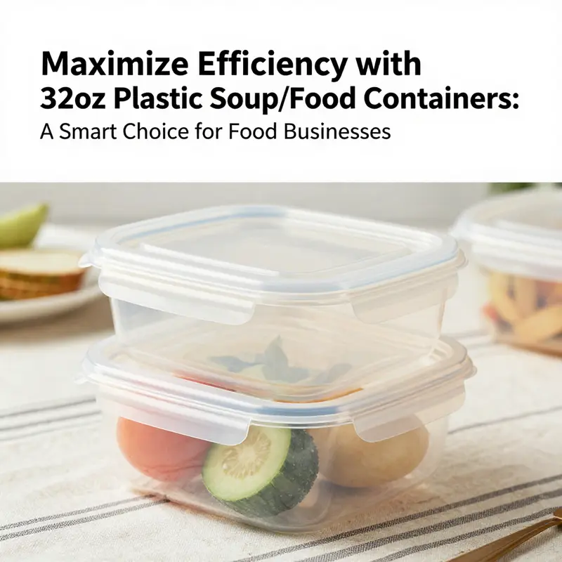The 32oz plastic soup/food container highlights its clear, durable design, ideal for visibility and convenience in food service.