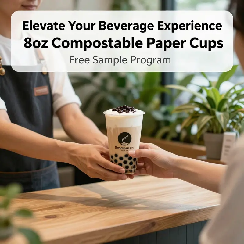 Barista in a cafe offers 8oz compostable cups, showcasing an eco-friendly beverage option.