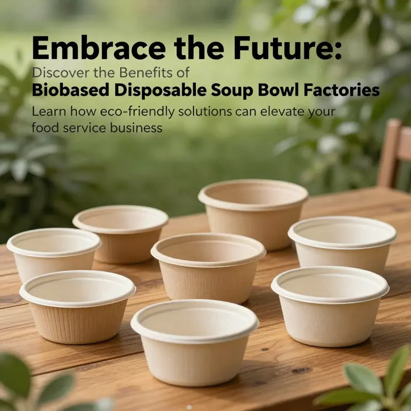 Colorful biobased soup bowls displayed among greenery, representing eco-friendly food service solutions.
