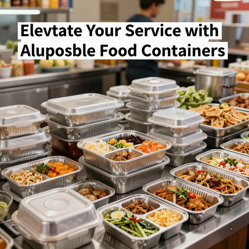 A variety of aluminum food containers in a lively food service environment.