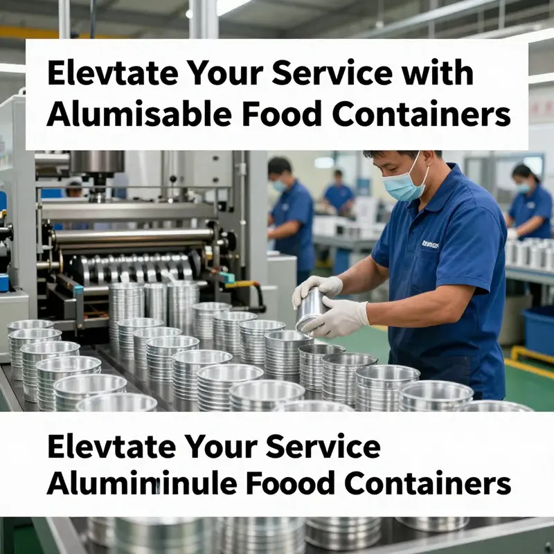 A variety of aluminum food containers in a lively food service environment.