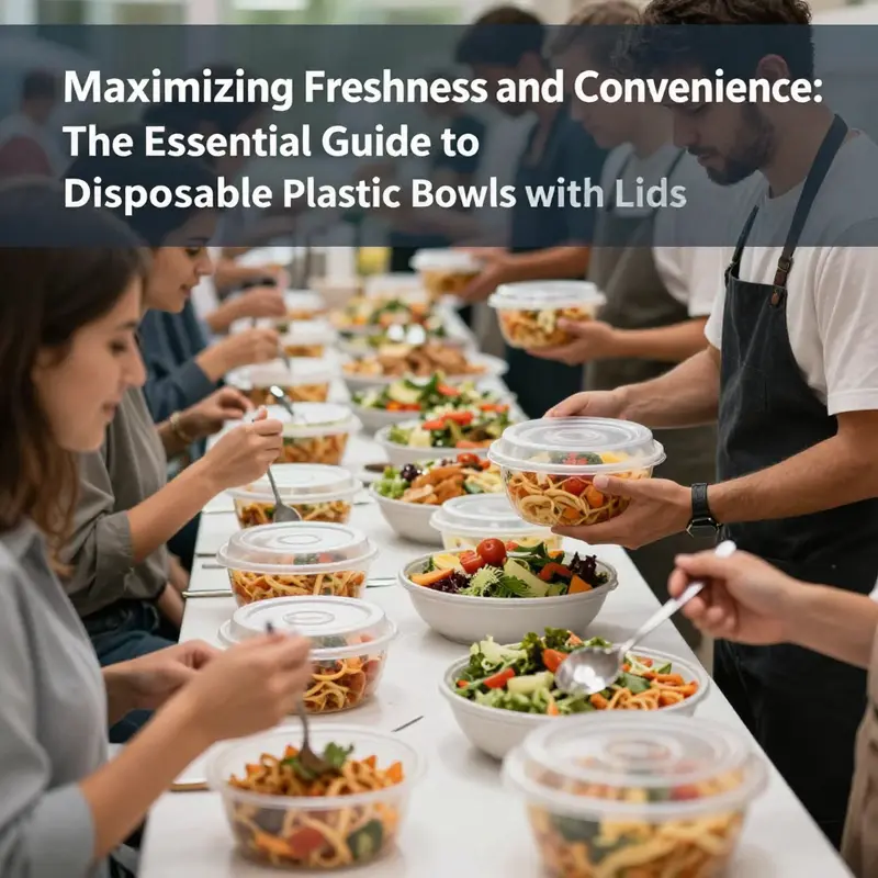 Assorted disposable plastic bowls with lids, designed for multiple food types.