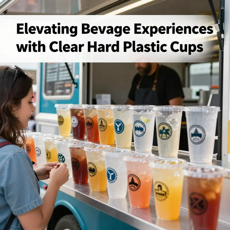 Clear hard plastic cups showcasing their versatility with various beverages.