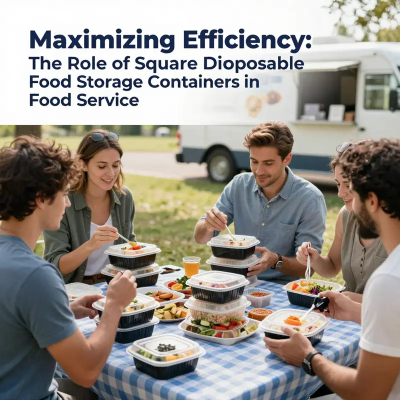 An array of square disposable food storage containers in different sizes and materials, ready for use in various food service applications.