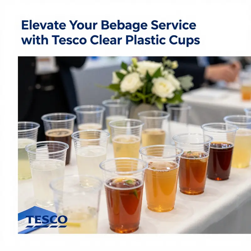 A variety of Tesco clear plastic cups showcasing their quality and versatility for different beverages.