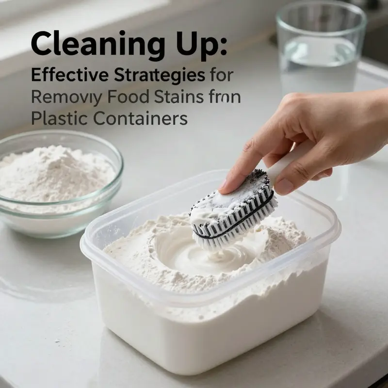 Using baking soda paste to effectively remove tough food stains from plastic containers.
