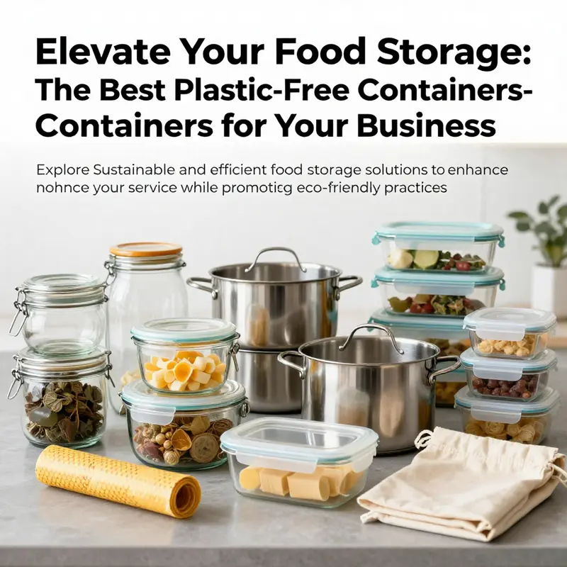 A variety of plastic-free food storage containers displayed on a countertop, illustrating sustainable options for food service.