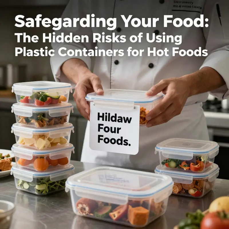 Illustration highlighting the risks of chemical leaching when hot food is stored in plastic containers.