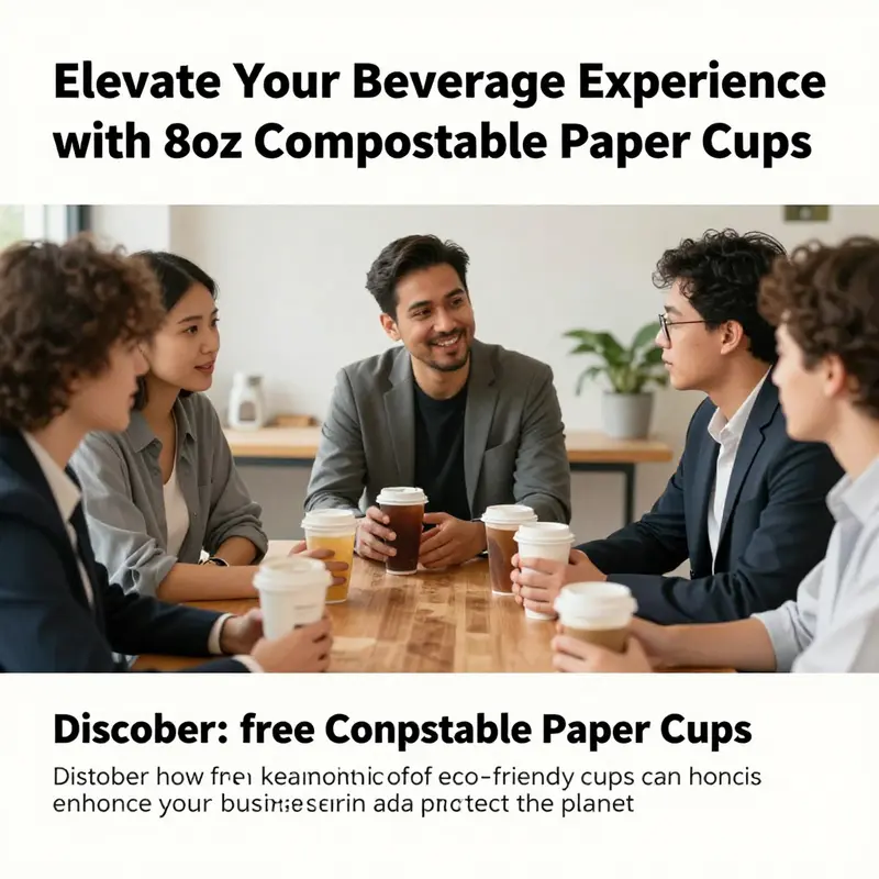 Group of beverage professionals engaging in a discussion over compostable cups, promoting sustainability in their businesses.