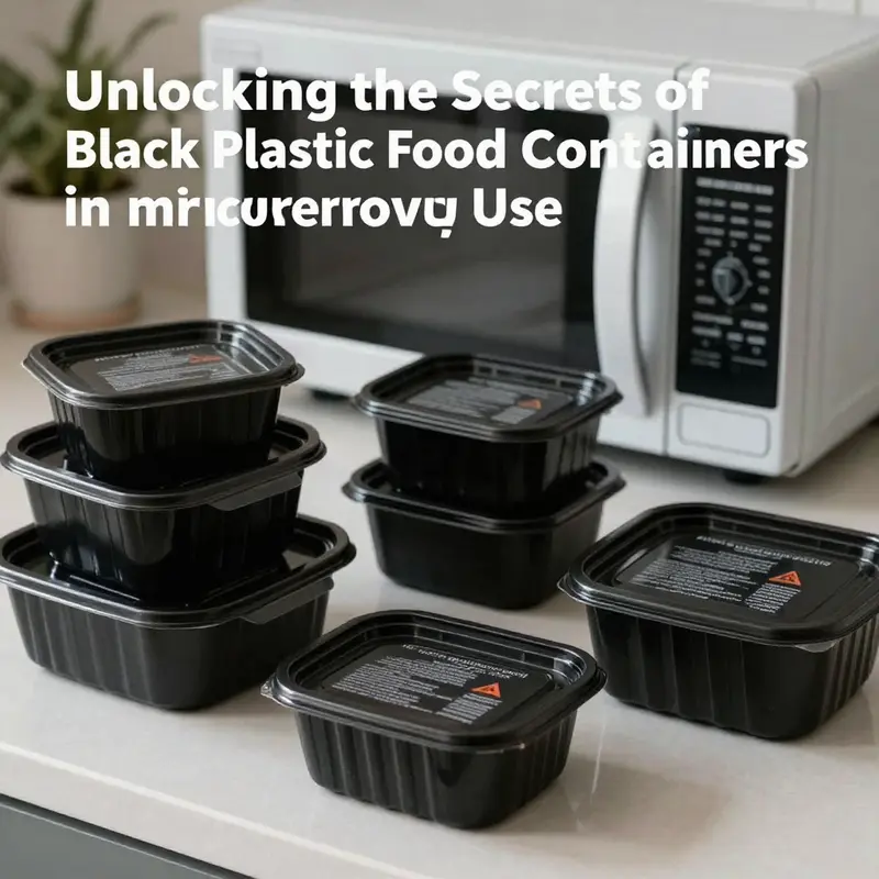 Assortment of black plastic food containers representing the safety issues in microwave use.