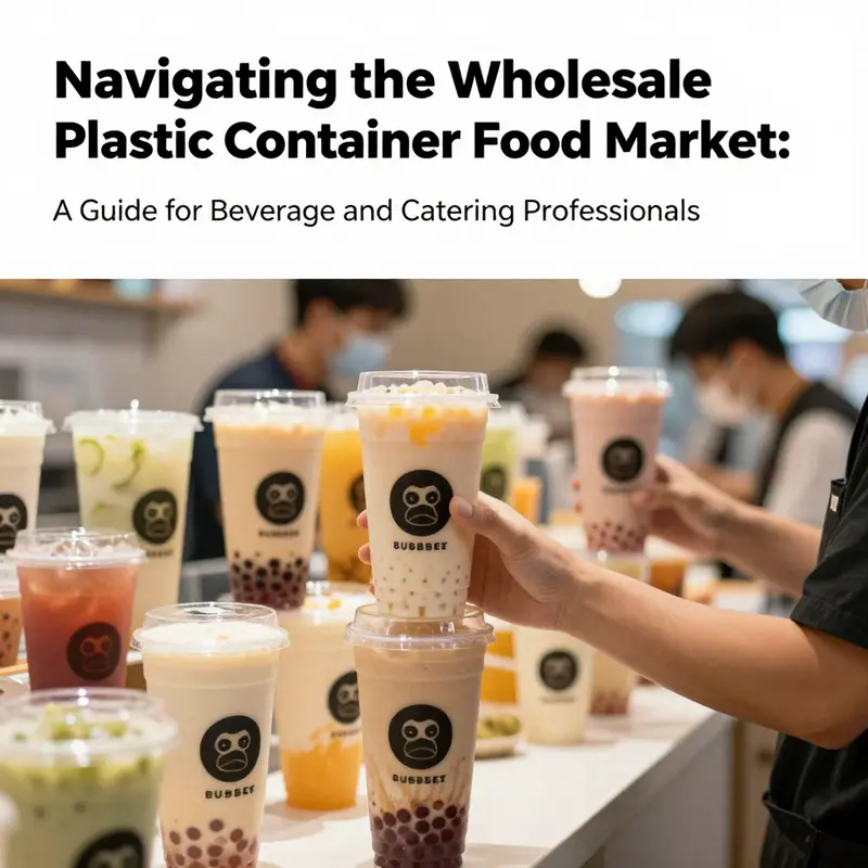 A lively bubble tea shop interior with customers enjoying drinks served in colorful plastic containers, emphasizing the market for wholesale plastic food containers.