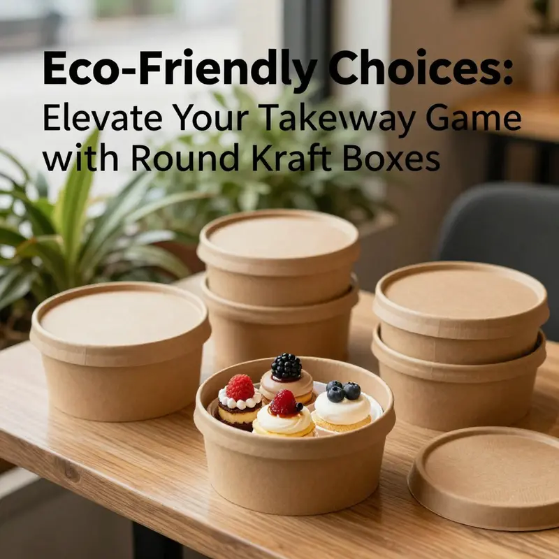 Café scene with round kraft takeaway boxes filled with desserts surrounded by greenery.