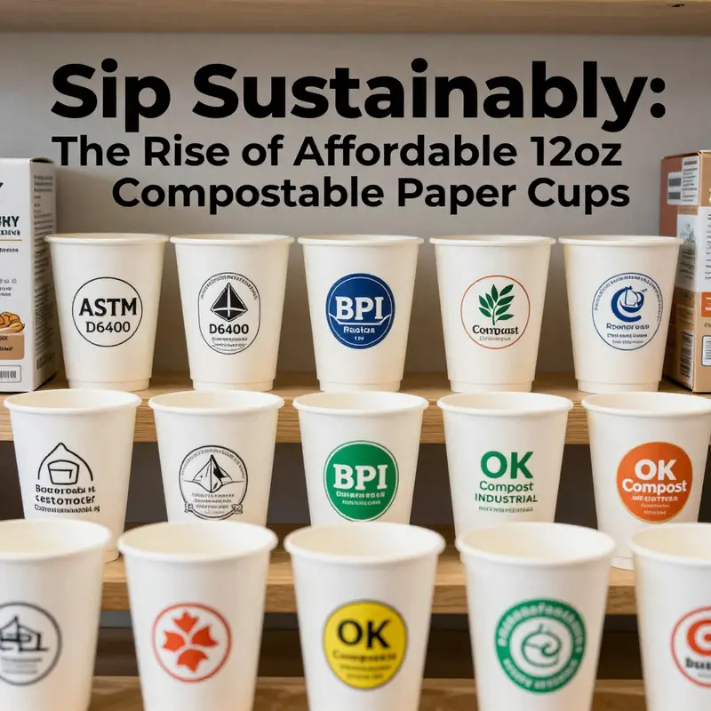 The construction of a 12oz compostable paper cup showcasing its paper body and PLA lining.