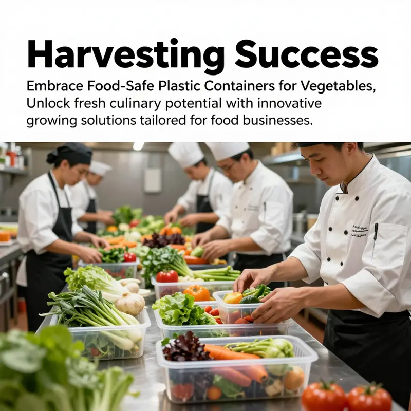 Chefs selecting fresh produce from food-safe plastic containers in an active restaurant kitchen environment.