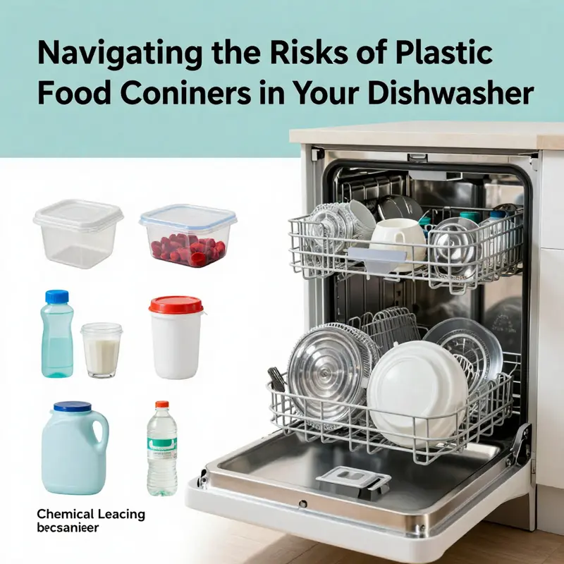 Illustration of plastic food containers revealing the risks associated with dishwasher use.