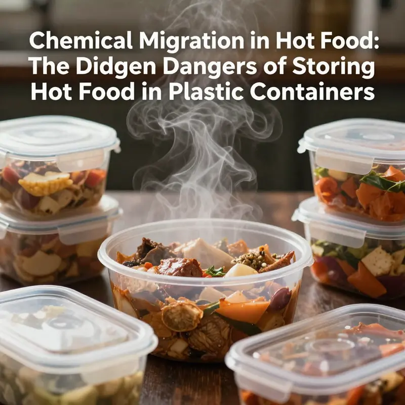 Hot food stored in plastic containers, illustrating the risk of chemical migration.