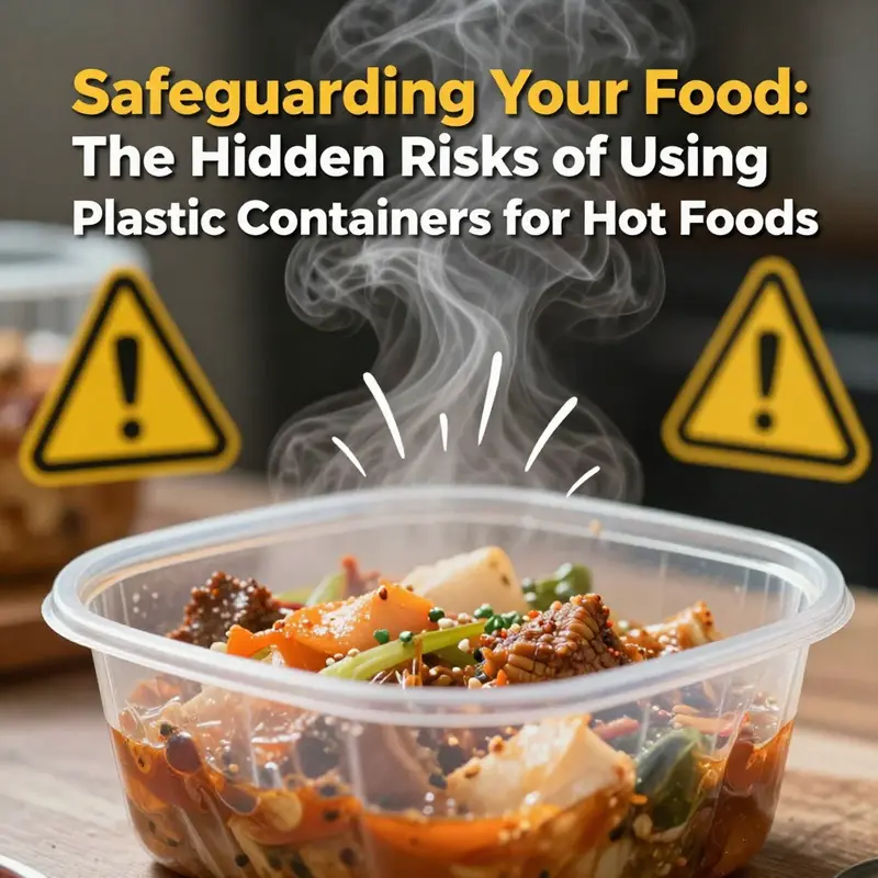 Illustration highlighting the risks of chemical leaching when hot food is stored in plastic containers.