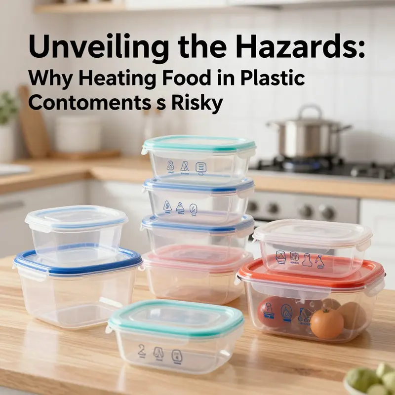 Different types of plastic containers marked with safety symbols in a kitchen setting.