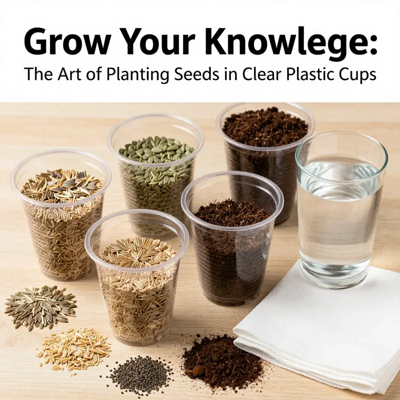 Display of materials needed for planting seeds in clear plastic cups.