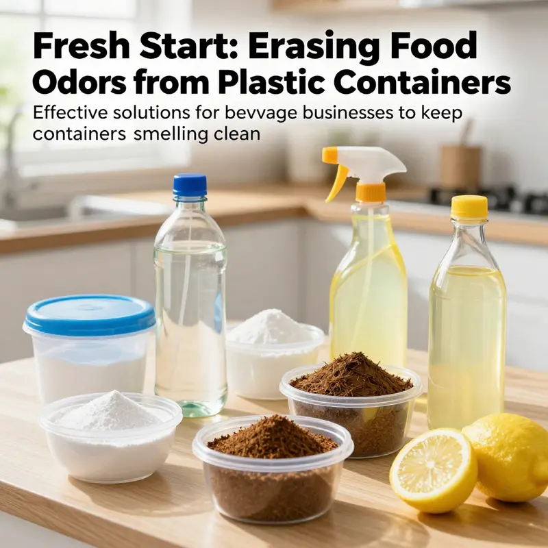 A clean kitchen showcasing different natural cleaning methods for plastic containers.