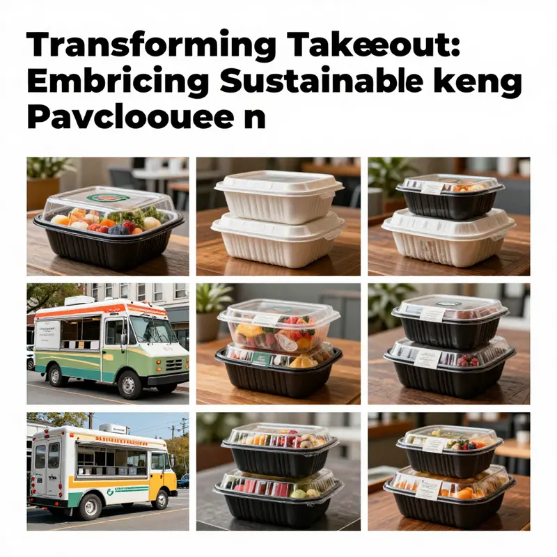 A collage highlighting different types of eco-friendly food containers utilized in various food venues across Vancouver.