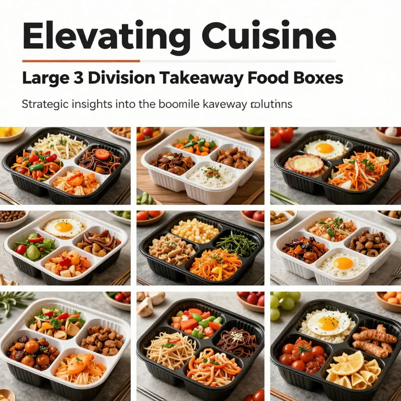 A vibrant collection of large 3 division takeaway food boxes displaying various cuisines.