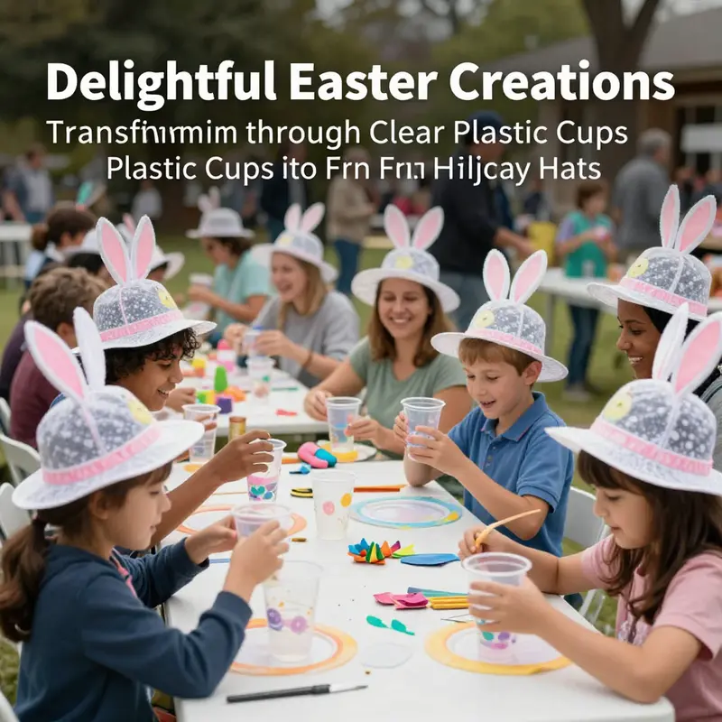 Children enjoying a workshop crafting Easter hats from clear plastic cups.