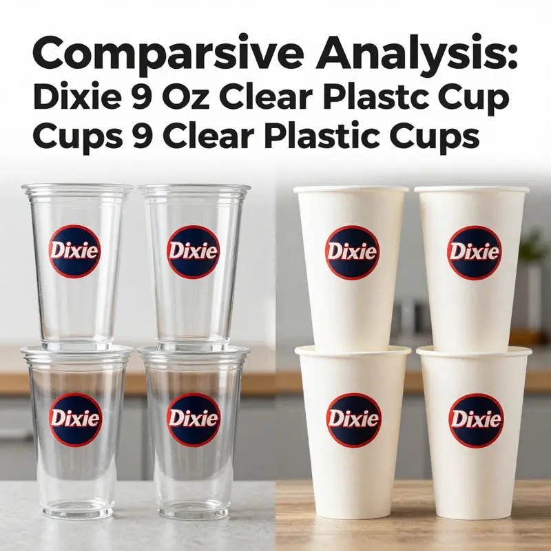 Dixie 9 oz clear plastic cups showcased with beverages, highlighting their features.