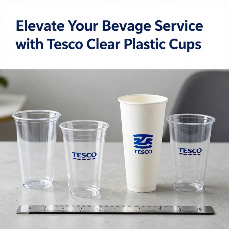 A variety of Tesco clear plastic cups showcasing their quality and versatility for different beverages.