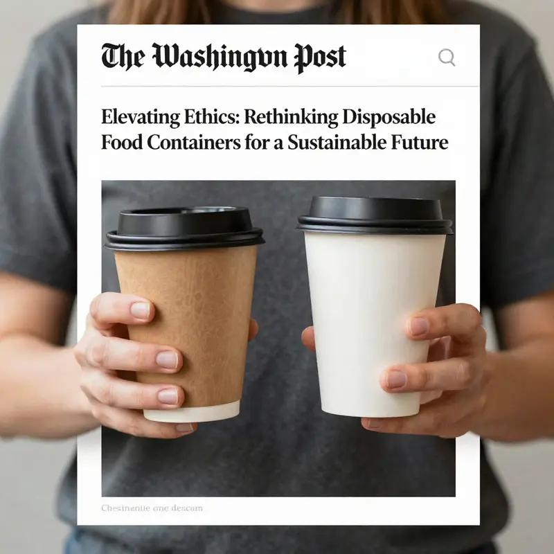 The environmental impact of disposable food containers, juxtaposed with polluted nature.