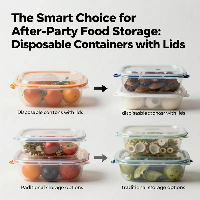 A variety of disposable food containers with lids catering to different types of after-party food.