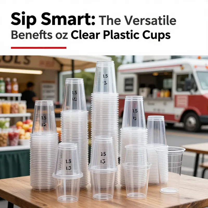 A stacked display of 1.5 oz clear plastic cups used in different environments such as events, food trucks, and beverage shops.