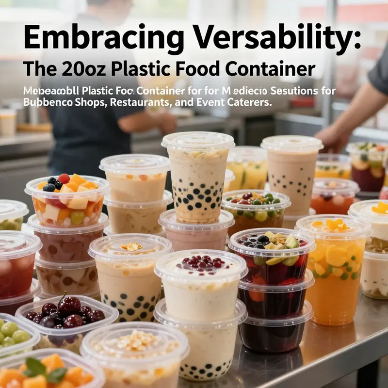 A display of multiple 20oz plastic food containers filled with different foods and drinks, set in a colorful restaurant environment.
