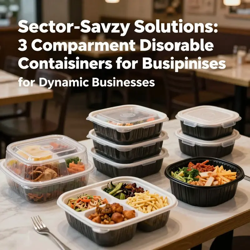 A collection of 3 compartment disposable food containers beautifully arranged on a table, displaying a variety of appealing foods.