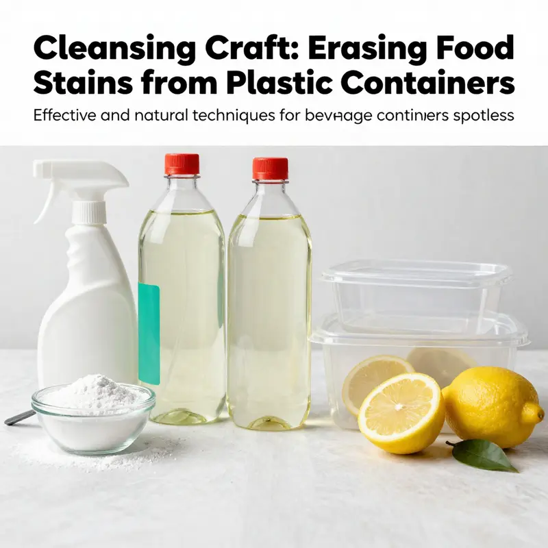 A collection of baking soda, vinegar, and lemon next to shiny clean plastic containers, emphasizing effective cleaning solutions.