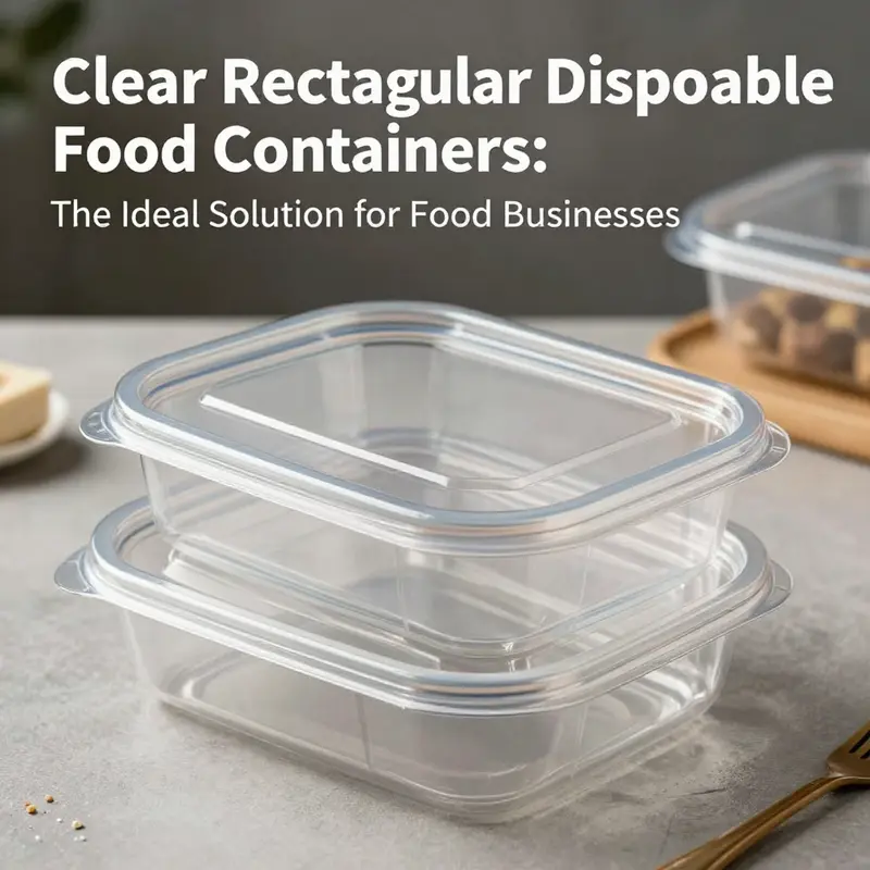 A dynamic representation of different clear rectangular disposable food containers used across various food service applications.