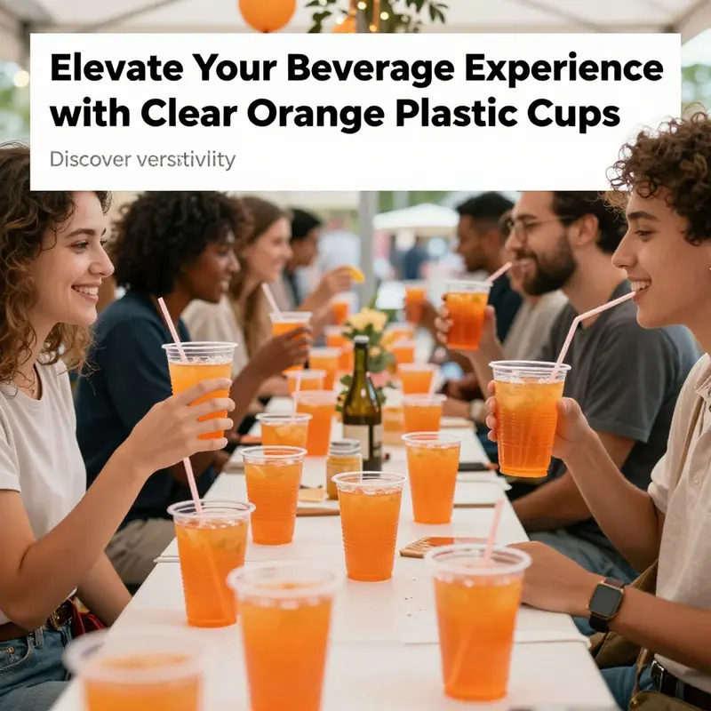 A lively event showcasing clear orange plastic cups, filled with different drinks, amidst a festive atmosphere.