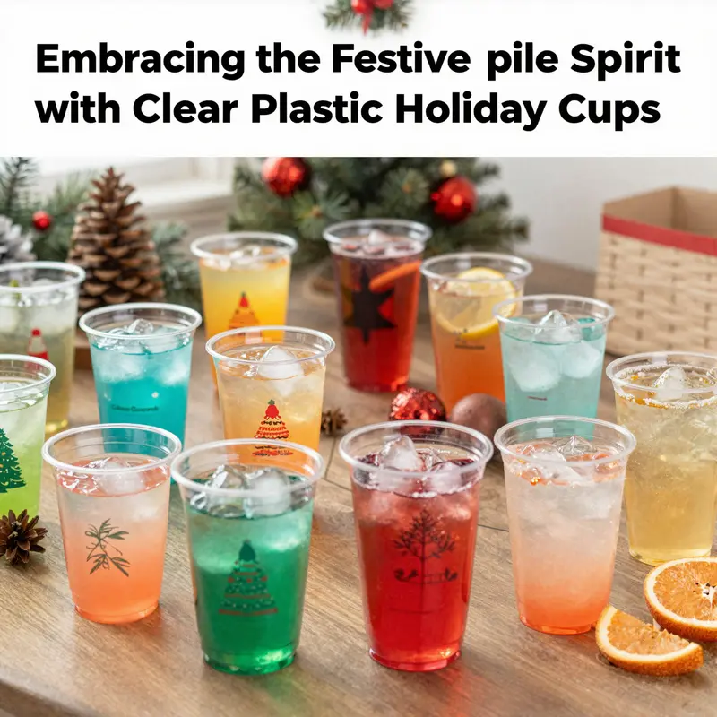 People celebrating with festive clear plastic cups filled with colorful beverages at a holiday gathering.
