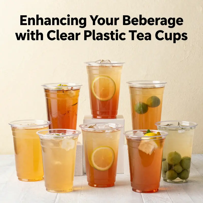 Various clear plastic tea cups filled with colorful drinks, set against a bright, engaging background.