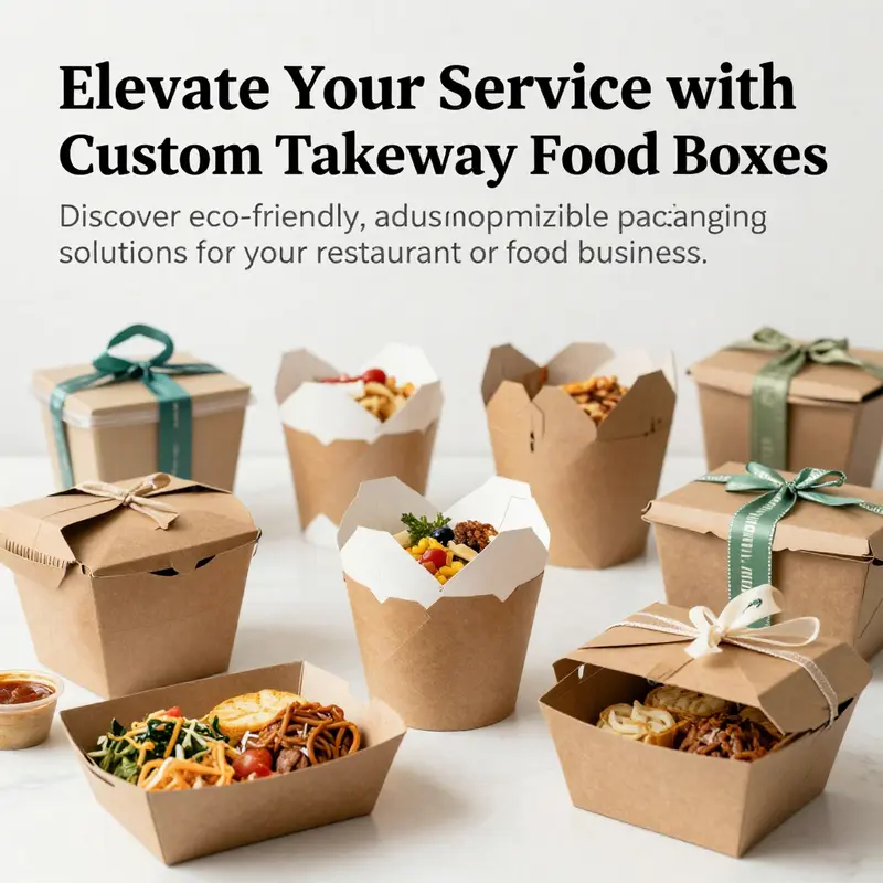 A variety of custom takeaway food boxes displayed in an artistic manner, showcasing their unique designs and eco-friendly materials.