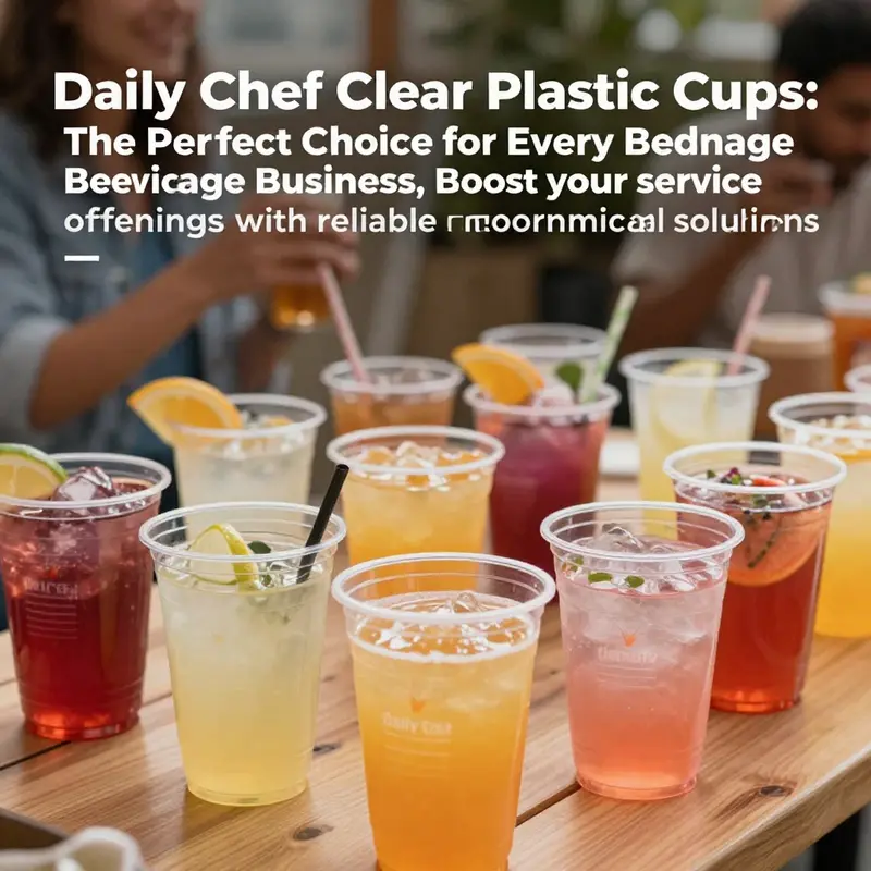 Daily Chef clear plastic cups filled with drinks at a festive event.