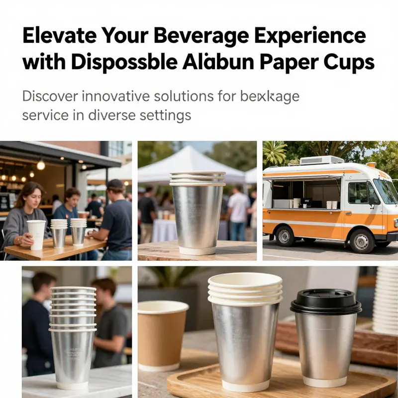 Various disposable aluminum paper cups displayed in a café, outdoor event, and food truck, emphasizing their widespread use.