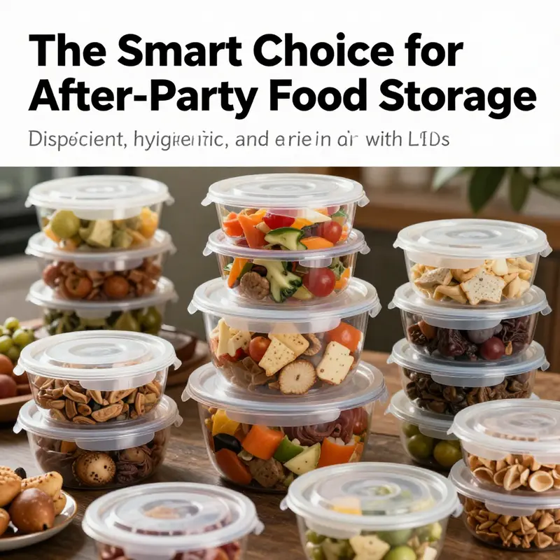 An assortment of colorful disposable food containers with lids filled with leftovers, representing effective food storage solutions for after parties.