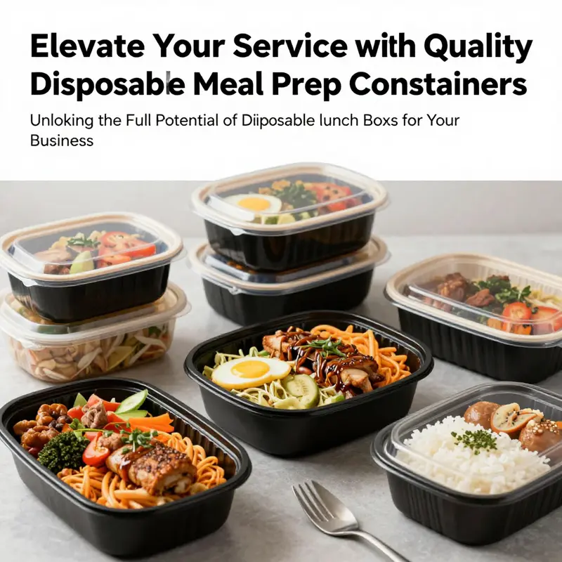 A visually appealing display of disposable meal prep containers filled with diverse, colorful meals.
