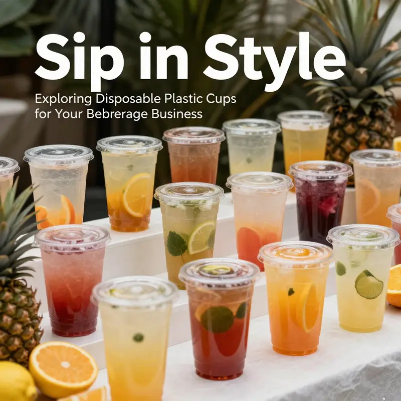An assortment of disposable plastic cups filled with vibrant drinks surrounded by fresh fruit, showcasing versatility for various events.