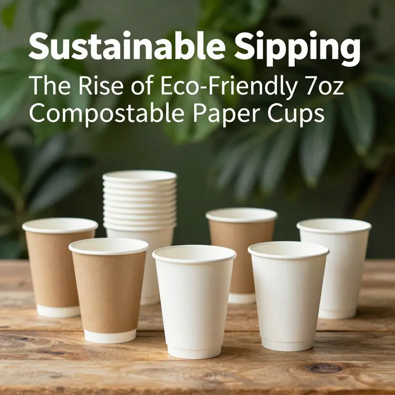 Various eco-friendly 7oz compostable paper cups arranged on a wooden table with vibrant greenery in the background.