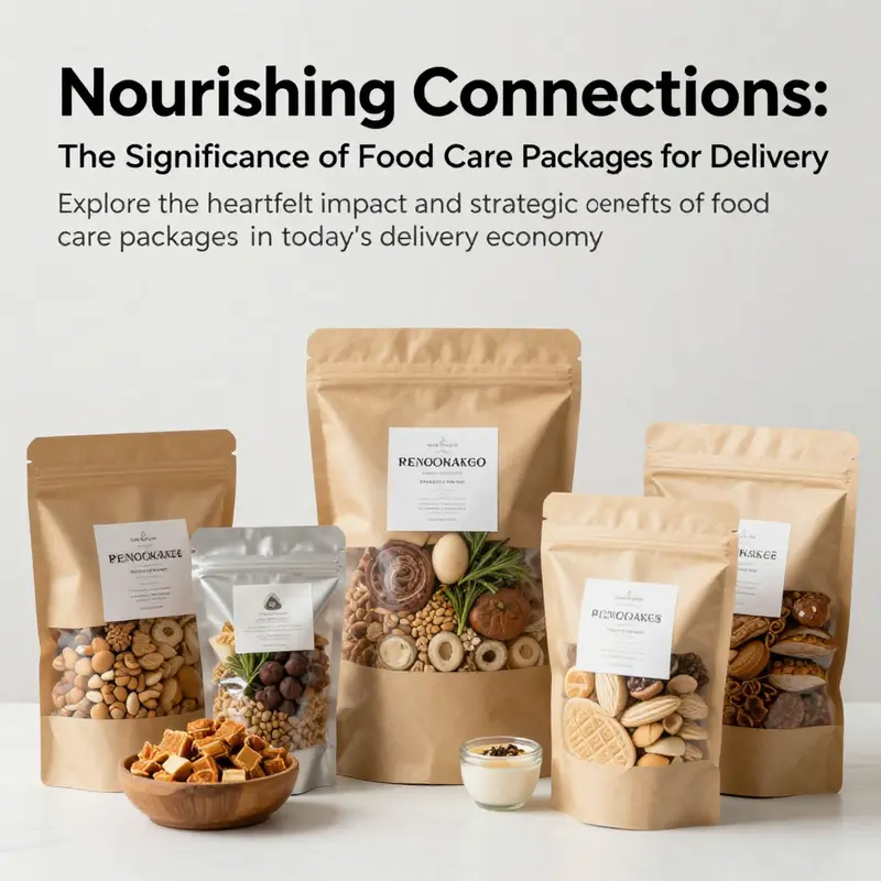 A collection of lavish food care packages artistically displayed, highlighting the concept of sending care through food.